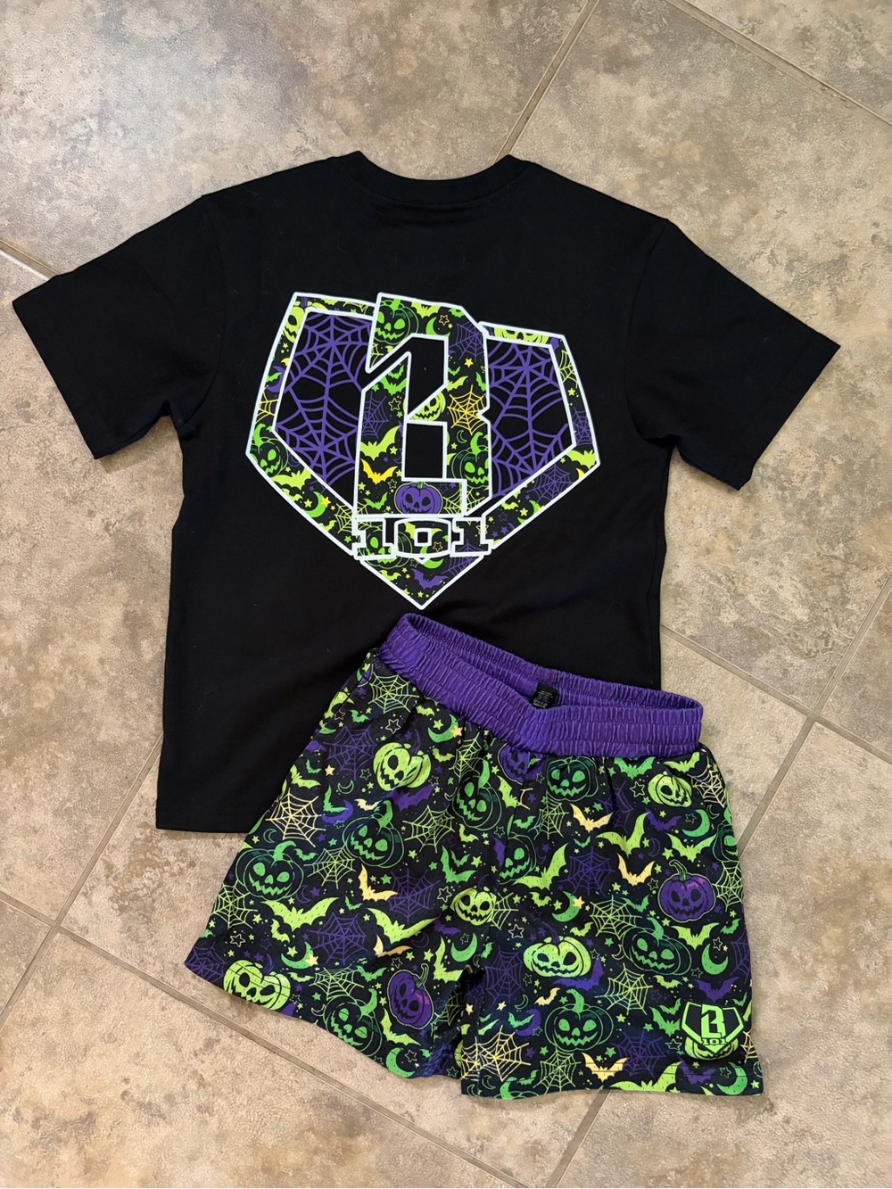 Kids Halloween Graphic Tee & Shorts Set - Black, Purple & Neon Green